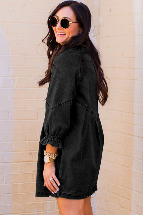 Buttoned Long Sleeve Denim Mini Dress